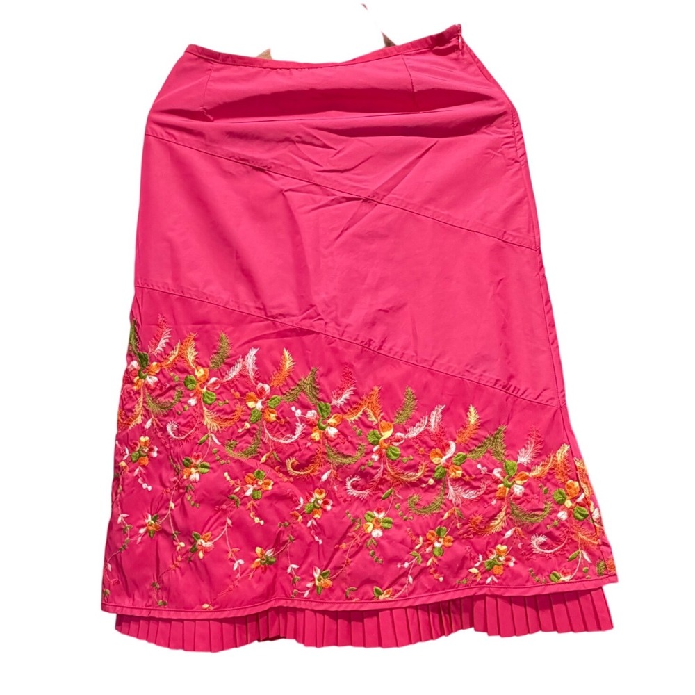 Oilily Hot Pink Embroidered Floral Midi Skirt Pleated Hem Size 34 NWT